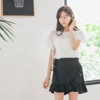 Frilled Short-sleeve Sheer Lace Top