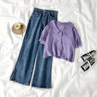 Collared Short-sleeve Blouse / Wide-leg Jeans