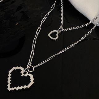 Hollow Heart Layered Necklace 1 Pc - Silver - One Size