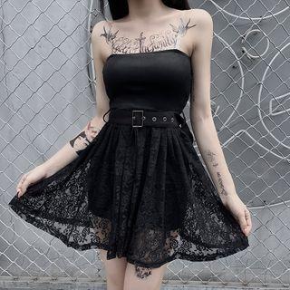 Spaghetti-strap Lace Panel Mini A-line Dress