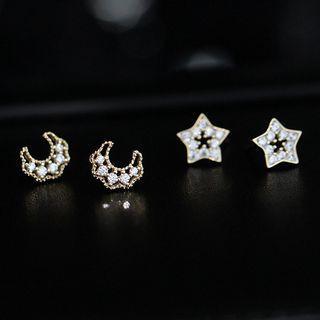 Moon & Star Rhinestone Asymmetrical Earring 1 Pair - Silver - One Size