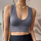 V-neck Plain Ribbed-knit Crop Tank Top
