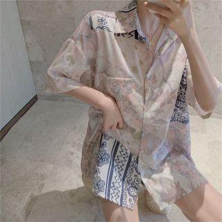 Elbow-sleeve Printed Paneled Shirt