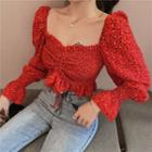 Long-sleeve Floral Cropped Blouse Red - One Size