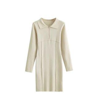Long-sleeve Collar Knit Sheath Dress