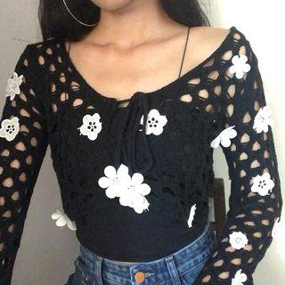 Flower Detail Long-sleeve Crochet Knit Top White Flower - Black - One Size