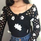 Flower Detail Long-sleeve Crochet Knit Top White Flower - Black - One Size