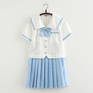 Set: Piped Short-sleeve Blouse + Pleated Mini Skirt