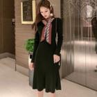 Long-sleeve Plain Knit Dress + Striped Color Block Scarf