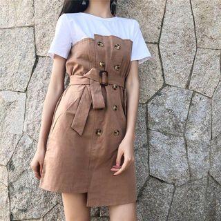 Mock Two-piece Tie Waist Short-sleeve Dress