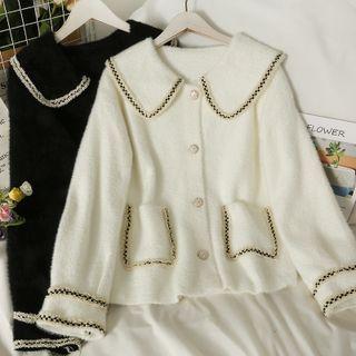 Glitter-trim Peter Pan-collar Furry Jacket