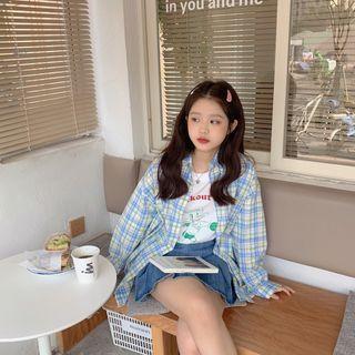 Long-sleeve Plaid Shirt Plaid - Blue & Green & Orange & White - One Size