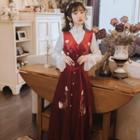 Long-sleeve Lace Top / Sleeveless Embroidered Dress / Set