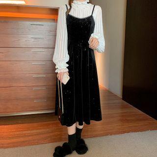 Chiffon Blouse / Spaghetti Strap Midi A-line Dress
