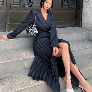 Set: V-neck Blazer + Asymmetrical Midi Accordion Pleat Skirt