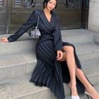 Set: V-neck Blazer + Asymmetrical Midi Accordion Pleat Skirt