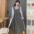 Long-sleeve Wide-collar Shirt / A-line Midi Pinafore Dress
