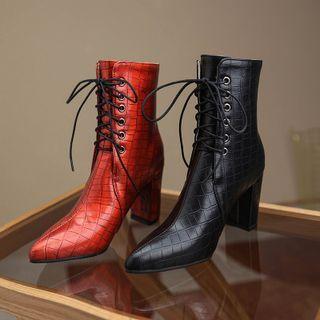 Pointy-toe Lace-up Chunky Heel Short Boots