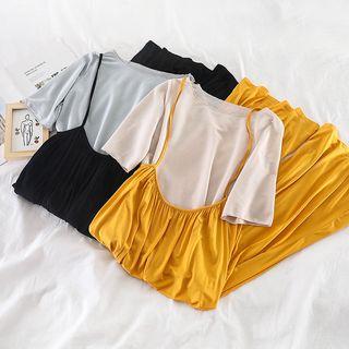 Set: Round-neck Top + High-waist Wide-leg Jumper Pants