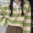 Long-sleeve Polo Collar Striped Loose Fit T-shirt Stripe - Green - One Size