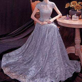 Mandarin Collar Sequined A-line Evening Gown