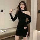 Long-sleeve Cold Shoulder Mini Bodycon Dress Black - One Size