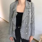 Fray Hem Double-breasted Tweed Blazer