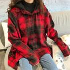 Plaid Hooded Buttoned Jacket Red - One Size