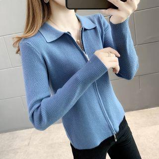 Polo-neck Ribbed Zip Cardigan