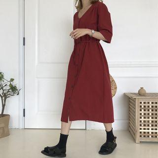 Elbow-sleeve V-neck Buttoned Midi Dress