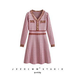 Long-sleeve Midi A-line Knit Dress Pink - One Size
