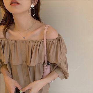 Short-sleeve Button-up Plain Top Khaki - One Size