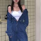 Button-up Denim Straight Leg Cargo Jumpsuit Dark Blue - One Size