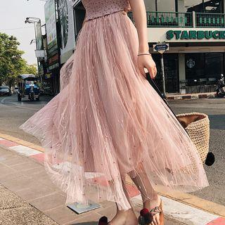 Beaded Mesh A-line Skirt