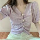 Short-sleeve V-neck Faux Pearl Blouse