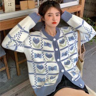 Bow & Flower Print Plaid Cardigan Light Blue - One Size