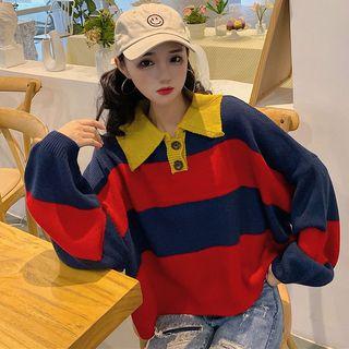 Color-block Striped Loose-fit Sweater Red - One Size