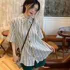 Short Sleeve Striped Button-up Oversized Shirt White - One Size