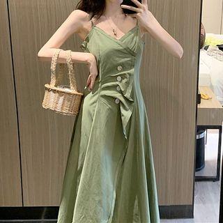Spaghetti-strap A-line Midi Dress Matcha Green - One Size