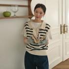 Open-placket Stripe Knit Vest