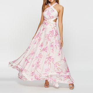 Flower Print Halter-neck Cut-out Maxi A-line Dress