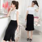 Set: Asymmetrical Short-sleeve Top + Slit Skirt
