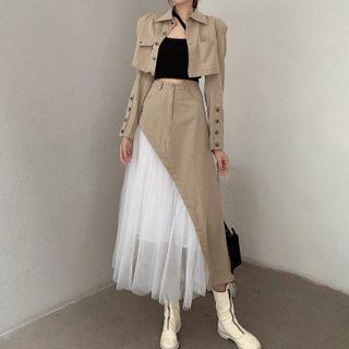 Cropped Button-up Jacket / Mesh Panel Midi Skirt