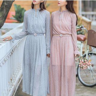 Set: Lace-up Long-sleeve Midi Dress + Slipdress