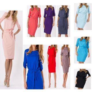 Plain Elbow-sleeve Tie-waist Dress