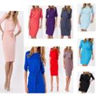 Plain Elbow-sleeve Tie-waist Dress