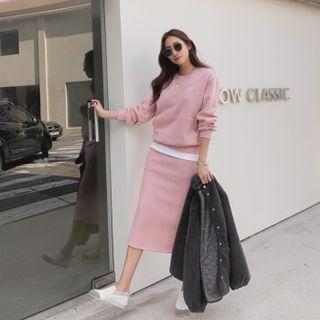 Fleece Lined Set: Layered-hem Sweatshirt + Band-waist Midi Skirt