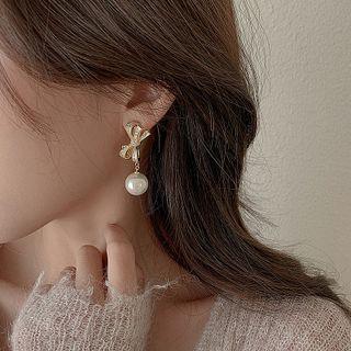 Faux Pearl Bow Drop Earring 1 Pc - Gold - One Size