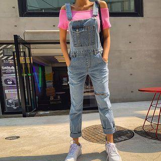 Buckled-strap Slit-detail Suspender Jeans