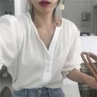 V-neck Frilled Short-sleeve Top White - One Size